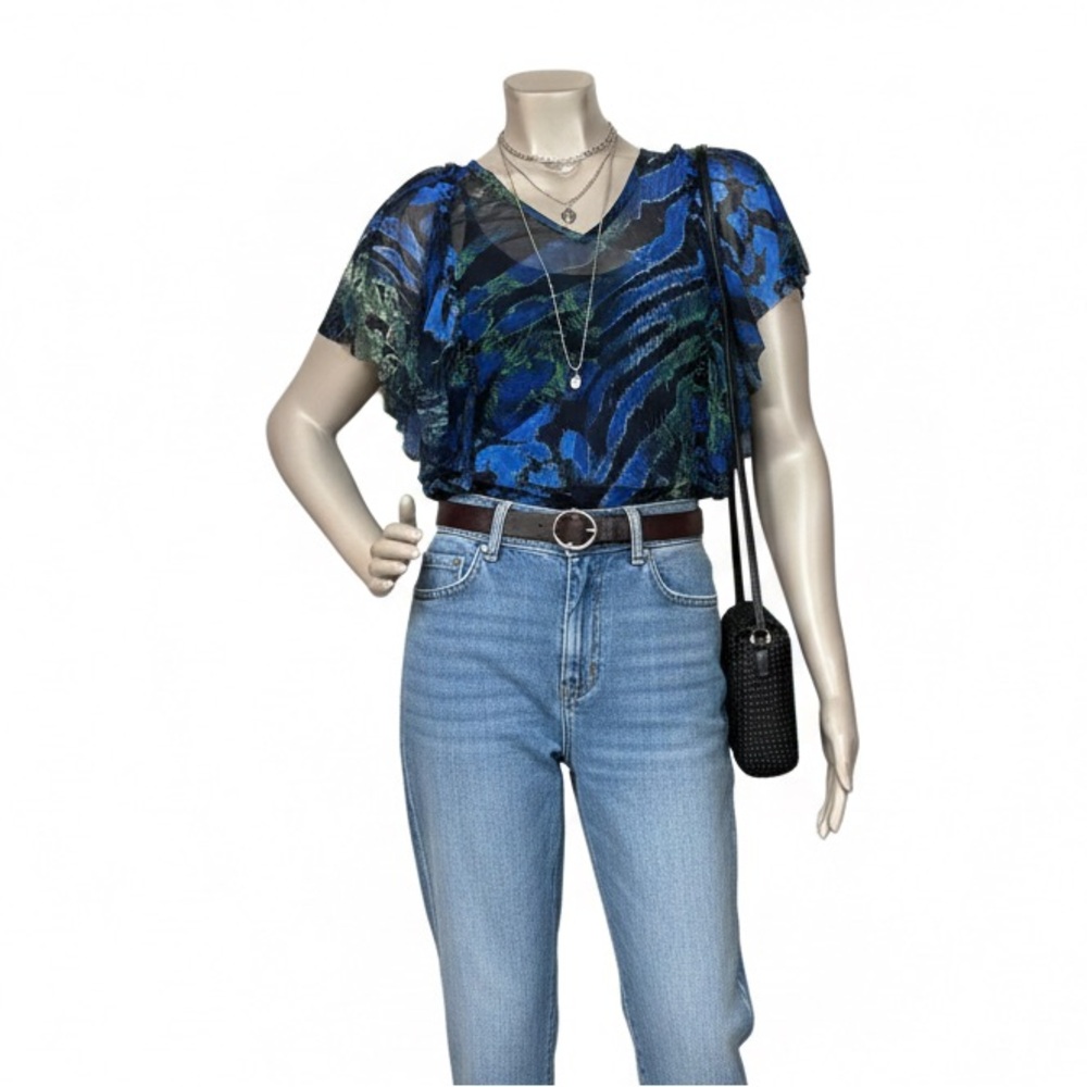 Karen Kane Vintage Sheer Mesh Abstract Print Ruffle Blouse Medium